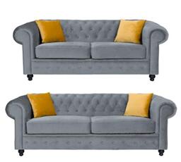 Sofas and More Hilton Chesterfield style Grey French Velvet fabric 3+2 Seater sofa set (3+2 Seater)