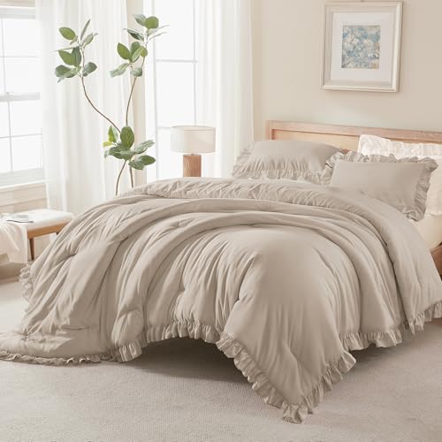 Andency Oversized King Comforter Set,3 Pieces Wheat Ruffle Bedding Set - Shabby Chic Famhouse Bed Set (120x98 Inch) , All Season Lightweight Fluffy Bed Set for Girls Women