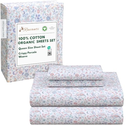 "Ruvanti 100% Organic Cotton Sheets Queen Size, Percale Weave, GOTS Certified, 4-Piece Set, Deep Pocket 15"", Crisp & Breathable, Soft Durable Bedding, S??banas Algod??n Org??nico ??? Multi Paisley"