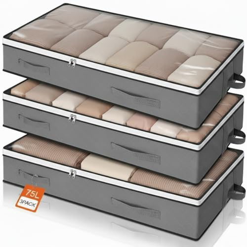Romon Underbed Storage Box, Underbed Storage Box, Pack of 3, 75 L, Foldable with Zips, Lid, Large, Underbed Box, Clothes Storage Organiser for Shoes, Cushions, Clothes, Duvets