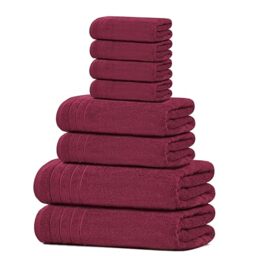 Tens Towels 8 Piece Towels Set, 2 Extra Large Bath Towels, 2 Hand Towels, 4 Washcloths, 100% Cotton, Lighter Weight, Quicker to Dry, Super Absorbent, Perfect Bathroom Towels Set (BURGUNDY)