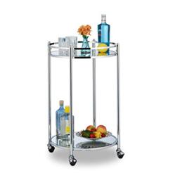 Relaxdays Kitchen Trolley Round, Serving Bar, with 2 Shelves, Steel, Mirrored, Tea, with Wheels, Size 75 x 50 cm, Silver