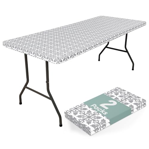 "misaya 2 Pack 4 Foot Rectangle Picnic Tablecloth, Elastic Fitted Waterproof Table Cover, Windproof Washable Polyester Table Cloth for Camping, Indoor and Outdoor (Grey, 24"" x 48"")"