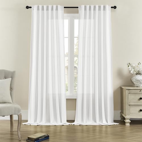 "DONREN Semi Sheer Curtains 72 Inch Length for Living Room, Rod Pocket Back Tab Linen Curtains Light Filtering for Bedroom, 50"" Width, White, 2 Panels"