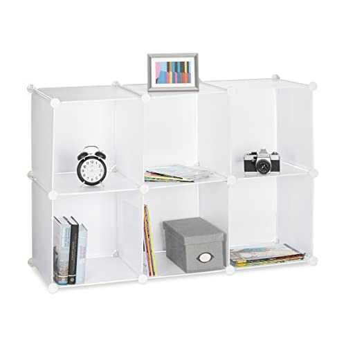 Relaxdays Shelving System with 6 Compartments, Open Standing Shelf, Modular Plastic Wardrobe, H x W x D: 65 x 96 x 32 cm, White