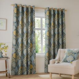 furn. Wylder Ophelia Room Darkening Eyelet Curtain Pair – Bold Botanical Floral Jacquard Drapes (Blue/Saffron - L 183 x W 117cm - 2 Panels)