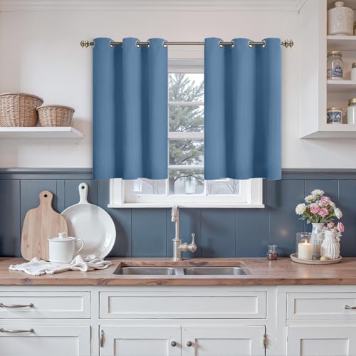 YoungsTex Denim Blue Blackout Curtains 36 Inch Length for Kitchen Window - Short Thermal Insulated Drapes with Grommet Room Darkening for Cafe Bathroom Window, 2 Panels, 42 x 36 Inch
