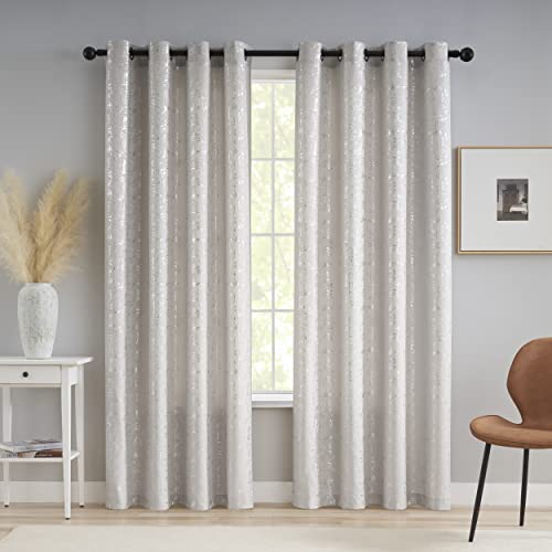"Taisier Home Silver Foil Print Linen Textured Curtains - Geometric Dots Pattern Design for Bedroom & Living Room - Thermal Insulated Window Treatment, 2 Panels, 108"" L, Beige and Silver"