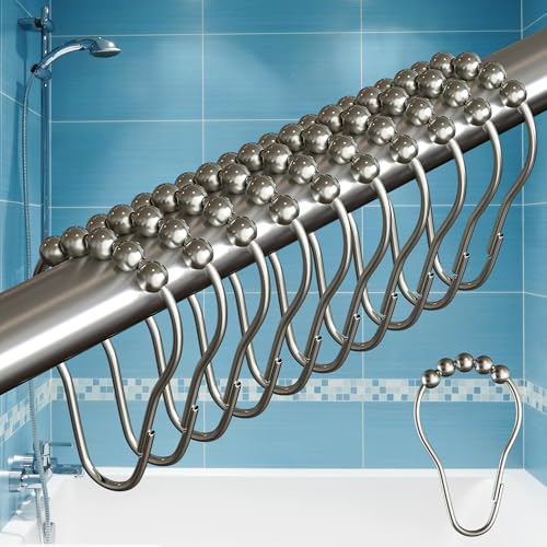 "BigFoot Shower Curtain Hooks, Durable Stainless Steel, Rust Resistant, Easy Installation & Smooth Glide, Fits Standard Shower Rods, Metal Curtain Rings, for Showers Up to 72"", 12 Pieces, Nickel"