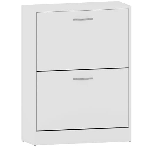 Vida Designs Shoe Cabinet, Wooden Shoe Storage Unit with 2 Pull-Down Drawers, Multifunctional Dust-Proof Space-Saving Slim Cupboard for Hallway or Entryway (White)