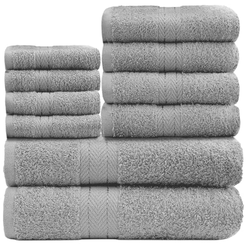 GC GAVENO CAVAILIA 10 Piece Towel Bale Set - Quick Drying Cotton Towel Highly Absorbent 450 GSM Silver Towels Set - Bathroom Towels Bale Set 4x Face 4x Hand 2x Bath Towels