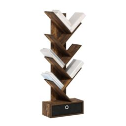 Furinno TREE Book Shelf, 7-Tier Bookshelf, Tree Bookcase with Bin Drawer, 21.3 x 42.9 x 117.3 cm, for Living Room, Bedroom, Home Office, Amber Pine/Black