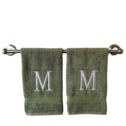Sage with White Monogrammed Hand Towels for Bathroom - Set of 2 Letter M - Luxury Hotel Quality Initial Towels For Powder Room, Spa, GOTS Organic Certified