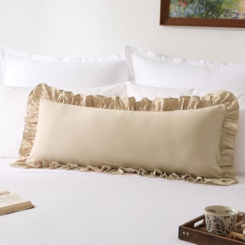 Kevin Textile 14x36 Inch Long Lumbar Pillow Cover 1 Pack 100% Cotton Lace Ruffles Scalloped Decorative Rectangle Cushion Case Soft Body Pillow for Bedding Couch Sofa, Beige