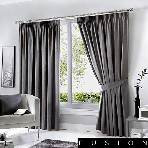 "Fusion - Charcoal Grey Blackout Curtains W90 x L54"" (229 x 137cm) - Pencil Pleat Curtains in Grey - 2 Panels - Thermal Curtains for Bedroom & Living Room - Pleated Curtains and Drapes in Dark Grey"