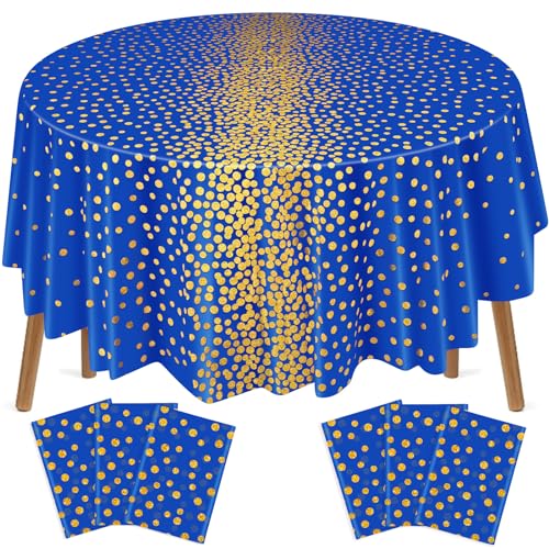 VitalCozy Round Dot Tablecloth 84 Inch Plastic Table Cover Polka Dot Confetti Tablecloths for Easter 2026 Graduation Prom Wedding Birthday Spring Party Supplies(Blue and Gold,6 Pcs)