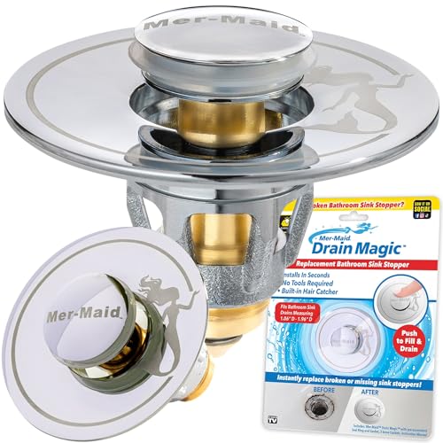 Mer-Maid Drain Magic Extra-Rugged Universal Sink Stopper, AS-SEEN-ON-TV, Instantly Replace Broken or Missing Stoppers, Push To Fill & Drain, Prevents Clog, Watertight Silicone Gasket & Seal - No Tools