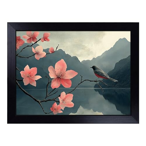 Lap Tray with Bean Bag Cushion, Cherry Bird Portrait Bird - Handmade in the UK, Raised Wooden Edge, Padded Cushion, Heat-Resistant Wipe-Clean Surface, for Meals, Laptops and Crafts