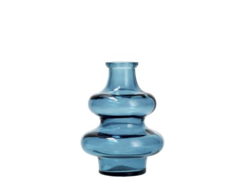 H&H Recycled Glass Vase Contoured Blue 16cm - Decorative Vase for Flowers, Small Floral Arrangements and Elegant Home Decor