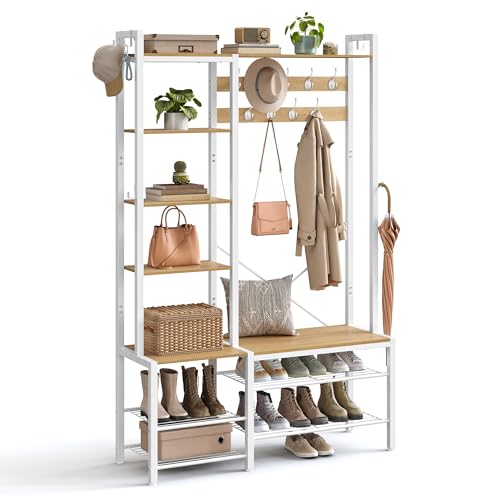 Vasagle HSR426Y01 Entrance Coat Rack with Shoe Bench and 5 Storage Shelves, 9 Coat Hooks and 6 Side Hooks, 40 x 120 x 190 cm, Golden Oak and Cloud White