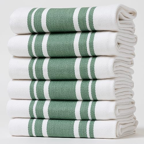 Casa De Lan Kitchen Towels Set ??? Pack of 6 (20?????? x 30??????) Extra Large Premium Cotton Dish Towels for Kitchen ??? Super Striped Towels ??? Absorbent ??? 100% Cotton ??? with Hanging Loop ??? Green