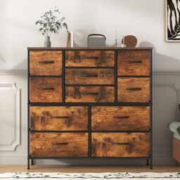 Feonase Chest of Drawers,Bedroom Tall Dresser with 11 Fabric Drawers, Metal Frame & MDF Wood Top, Adjustable Feet, Storage Organizer Unit for Bedroom, Closet, Living Room, Office Hallway Rustic Brown
