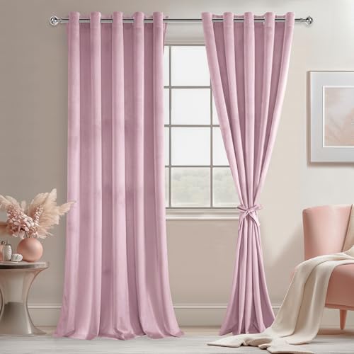 JIUZHEN Pink Velvet Curtains 96 inches for Living Room - Privacy Protect Room Darkening Grommet Thick Velvet Window Drapes for Bedroom, Set of 2 with Tiebacks, 60W x 96L