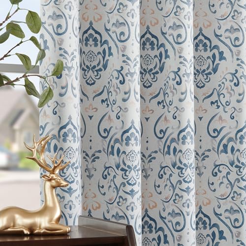 Lazzzy Blue Damask Blackout Curtains 96 Inches Long for Bedroom Living Room, Floral Printed Thermal Insulated Window Treatments, Back Tab Noise Reducing Room Darkening Drapes, 2 Panels