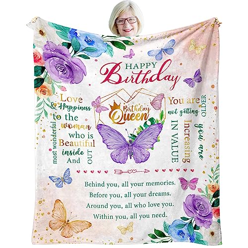 "ZWERIVP Birthday Queen Throw Blanket, Purple, 60""X50"", Butterfly & Flower Theme, Premium Flannel for Women"