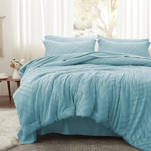 Anluoer King Comforter Set, Sky Blue Tufted Bed in a Bag 7 Pieces with comforters and Sheets, All Season Bedding Sets with 1 Comforter, 2 PillowShams, 2 Pillowcases, 1 Flat Sheet, 1 Fitted Sheet