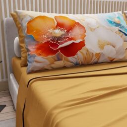 PETTI Artigiani Italiani - Cotton Sheets with Pillowcases in Digital Print, Double Bed Sheet, Floral 9 Yellow Ochre, 100% Made in Italy