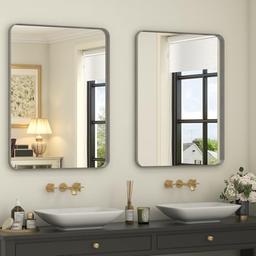 CHARMOR 2 Pack of 22x30 Inch Silver Brushed Nickel Bathroom Mirror for Wall, Rounded Rectangle Silver Framed Bathroom Vanity Mirror, Anti-Rust, Shatterproof, Hangs Horizontally or Vertically