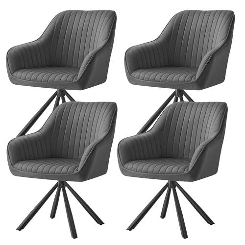 SONGMICS Set of 4 Dining Room Chairs, Kitchen Chairs, Swivel Chairs, Velvet, Upholstered Chairs with Armrests, Maximum Load 120 kg, Steel Legs, for Dining Room, Kitchen, Grey/Ink Black, KDC161G14V1
