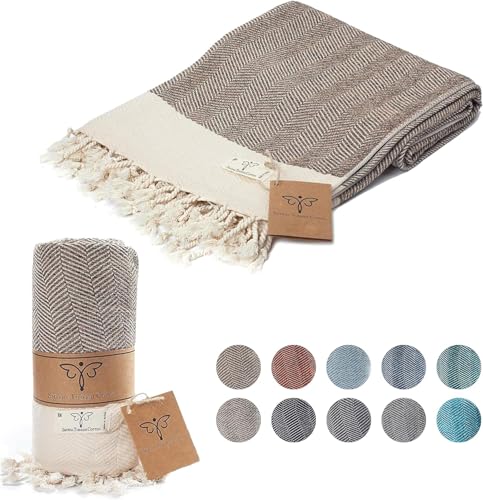 SMYRNA TURKISH COTTON Herringbone Series Throw Blanket 100% Cotton - Large 127x152cm Wearable Cosy Blanket - Made in Turkey - Machine Washable-Premium Luxury Bath Towel&Picnic Rug-Latte