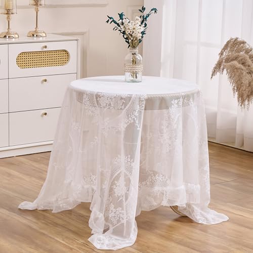 Raedan White Floral Embroidered Lace Square Tablecloth 55???x55??? Vintage Table Cover (White, 55???x55???, Square)