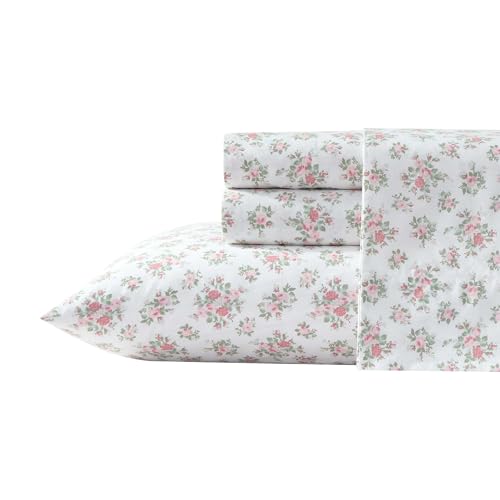 Laura Ashley - Sheets, Cotton Percale Bedding with Matching Pillowcases, Crisp & Breathable, Deep Pocket, Fully Elasticized (Leanna Rose Pink, Full)
