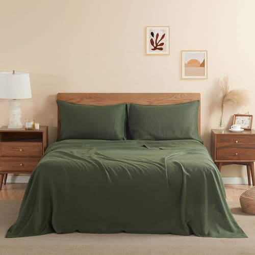 DAPU Pure Linen Duvet Cover Set, 100% French Linen from Normandy, Breathable and Durable for Hot Sleepers, 3 Piece Set - 1 Flat Sheet, 1 Pillowcase (Olive Green, Queen)