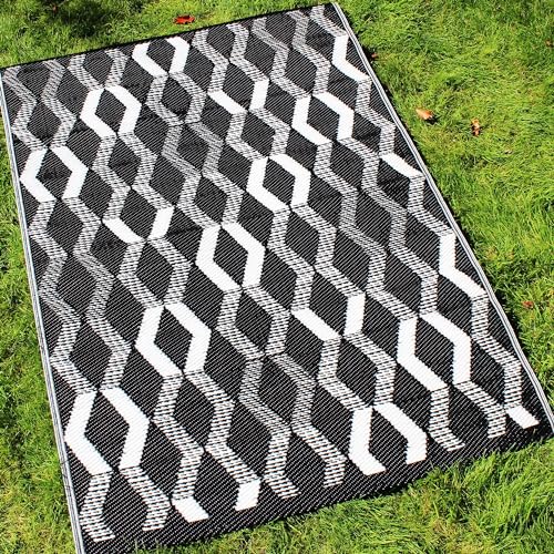 Fusion Black (120 x 170cm) Picnic Beach Blanket-Geometric Outdoor Mat Patio/Balcony-Camping Garden Rug-Rico Collection, 100% Polypropylene
