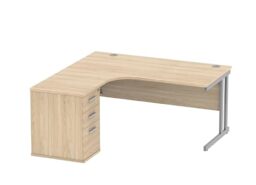 Office Hippo Heavy Duty Left Corner Radial PC Office Desk With Storage, 3 Drawer A4 and Foolscap Filing Pedestal, Silver Frame, Canadian Oak Top, 160 x 160.4 x 73 cm