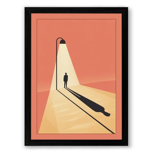 Figure Under Lamplight Modern Framed Wall Art Print A3 (42×29.7cm) Black, Wall Decor for Living Room, Bedroom, Office & Home, Ready to Hang, Art Gift