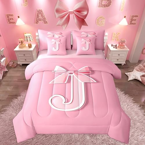 jejeloiu Pink Bowknot Bed Set, Full Size, Decor Personalized Teen Girl Gifts Ultra Soft Initial Letter J 7 Pieces Beeding Set, Girly Romantic Bed in a Bag with Comforter, Sheets, Pillowcases