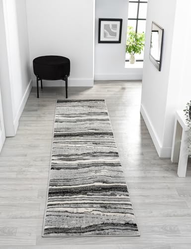 Obsidian Modern Low Pile Area Rug - Polypropylene Weaving - Jute Backing - Floral Traditional Abstract Designs Rugs, Grey, 60x220 cm