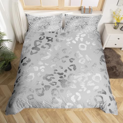 Silver Glitter Leopard Duvet Cover Queen Size,Cheetah Skin Printed Comforter Cover with 2 Pillowcase for Teens,Marble Abstract Art Bedding Set,Leopard Breathable Decorative Bed Cover(No Comforter)