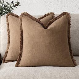 Foindtower Set of 2 Decorative Linen Throw Pillow Covers with Fringe, Cosy Boho Cushion Covers with Tassels, Soft Decorative Pillow Case for Sofa, Couch, Bed, Living Room, Home Decor, 46 x 46 cm