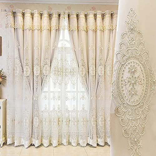 Amidoudou 1 Pair European Double Layer Curtains with Valances for Living Room Bedroom Luxury 3D Flower Embroidered Curtains (Beige,52x95 Inch)