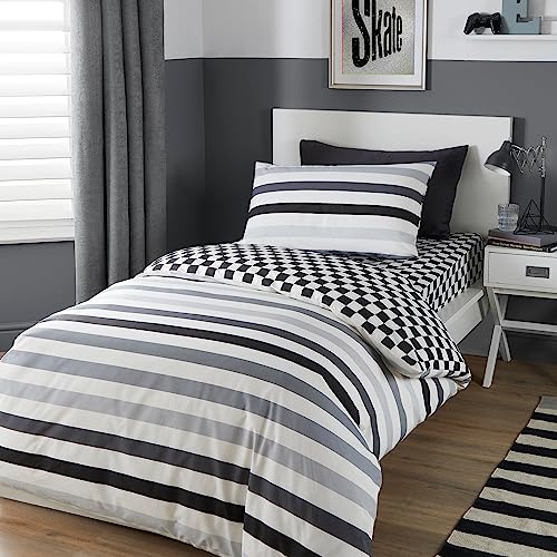 Bedlam - Black & White Checkered Duvet Cover - Double Size (200 x 200cm) - Reversible (2 Designs) - Striped & Check Pattern, Monochrome