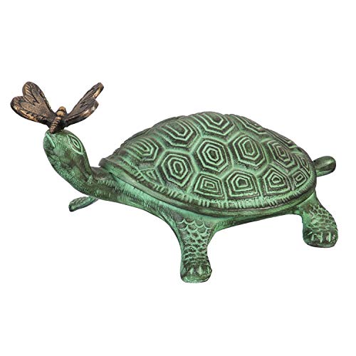 Evergreen Garden Outdoor Decor, Turtle and Butterfly Verdigris Metal Garden Statue - 9 x 14 x 7 Inches, Animal Themed Decor for Your Garden Patio or Yard