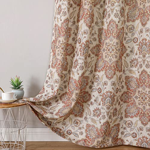 "CENTRAL PARK Floral Vintage Medallion Print Curtain Panel Linen Blended Botanical Print Window Drapery with Grommet Top for Bedroom, Living Room, Gold/Red, 54""x84""x2"