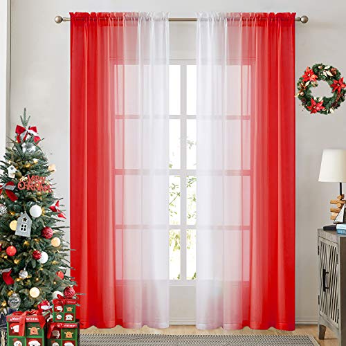 Ombre Faux Linen Sheer Curtains for Bedroom Living Room Rod Pocket, Privacy and Light Filtering, 2 Tone Reversible Gradient Voile Semi Window Curtains, Set of 2 Panels, Red, 54 x 72 Inch Length