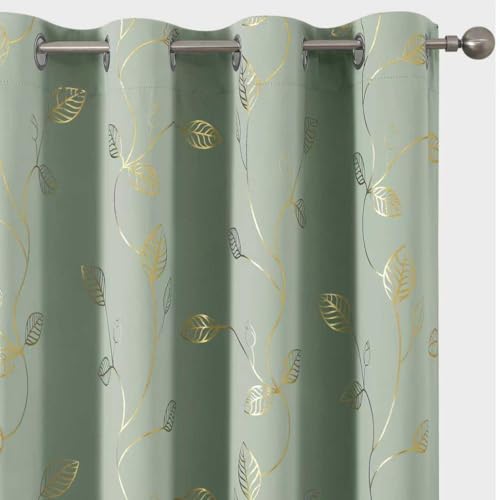 BUHUA Room Darkening Curtains 84 Inch Length, Window Treatments for Living Room Grommet Curtains with Gold Leaf Foil Design (52 x 63 Inch,Sage Green,Set of 2)